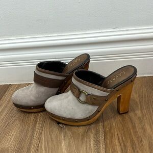 Vintage suede wooden Ralph Lauren clogs, with gold embellishment. gently used.